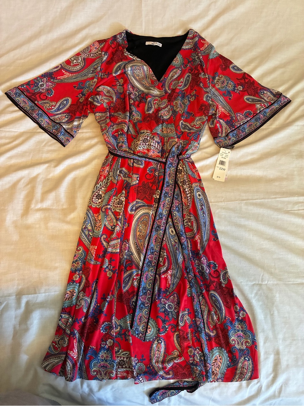 Studio One Plus Size 22W Red Paisley Faux Wrap Dress NWT Tie Waist Midi Dress - Picture 2 of 12